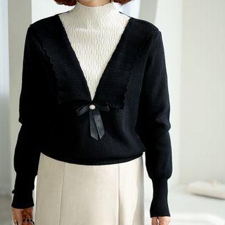 Two-tone Knit Top With Ribbon