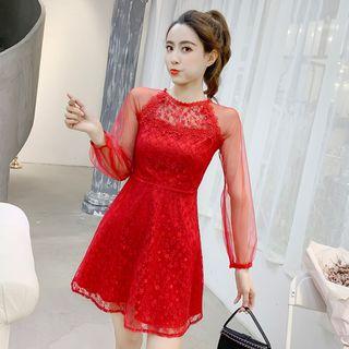 Long-sleeve Mesh Panel Mini A-line Lace Dress