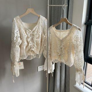 Puff-sleeve Drawstring Lace Blouse / Leopard Print Harem Pants