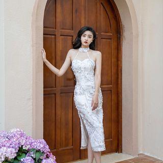 Choker-neck Slit Midi Bodycon Dress