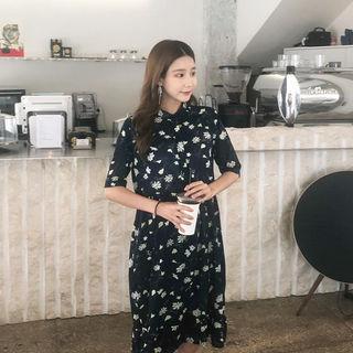 Elbow-sleeve Floral Print Dress Navy Blue - One Size