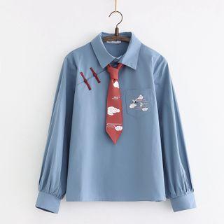 Long-sleeve Frog-button Print Blouse