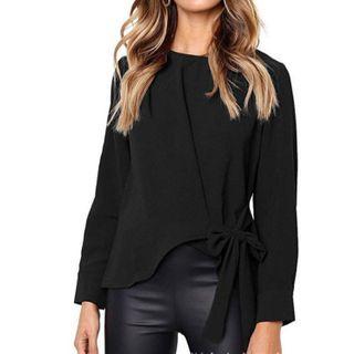 Long-sleeve Plain Tie-strap Top