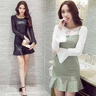 Set: Lace Bell-sleeve Top + Faux Leather Camisole Top + Ruffle Hem Mini Skirt