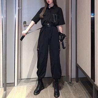 Elbow-sleeve Embellished Crop Shirt / Cropped Wide Leg Cargo Pants / Set