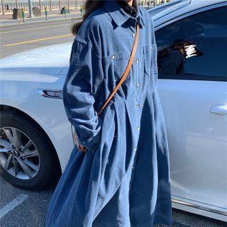 Plain Long-sleeve Midi A-line Shirtdress Blue - One Size
