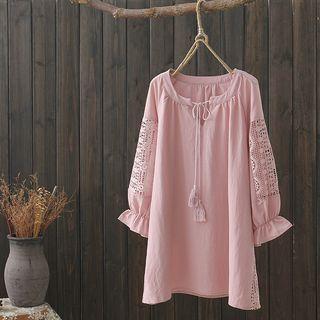 3/4-sleeve Crochet Lace Panel Long Blouse