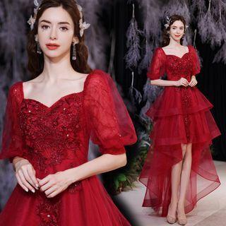 Puff-sleeve Floral Applique Tiered Mesh High-low Gown