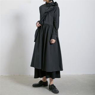 Half Zip Long-sleeve Midi A-line Dress Black - One Size