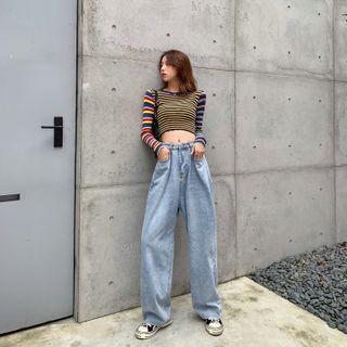 Striped Crop Knit Top / Wide Leg Jeans