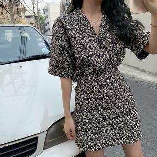 Set: Flower Short-sleeve Shirt + Skirt As Figure - One Size