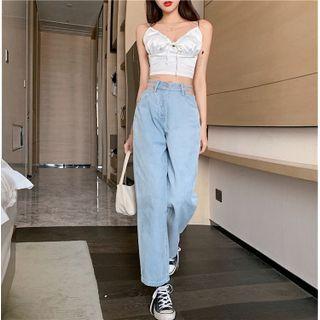 High Waist Washed Cutout Straight Leg Jeans