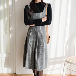 Set: Mock-neck Rib-knit Top + Herringbone Jumper Dress