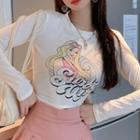 Long-sleeve Print T-shirt / Pleated Skirt