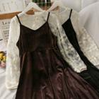 Set: Embroidered Sheer Top + Velvet Sleeveless Dress