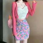 Spaghetti Strap Lace Top / Cropped Cardigan / Fitted Floral Print Mini Skirt
