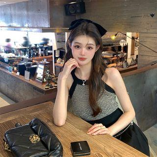 Halter-neck Striped Ribbed Knit Top Black - One Size