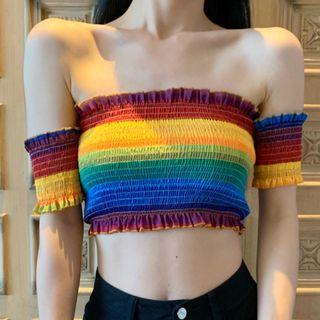 Short-sleeve Off Shoulder Frill Trim Striped Cropped Top