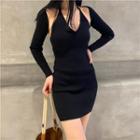 V-neck Plain Skinny Mini Dress With Cape