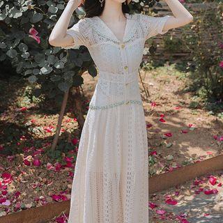 Short-sleeve Sailor Collar Lace Midi A-line Dress