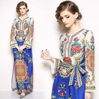 Side Slit Print Long-sleeve Maxi Dress