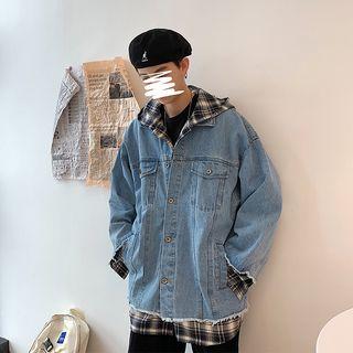 Mock Two-piece Hooded Plaid Denim Jacket