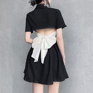 Short-sleeve Open-back Ribbon Mini A-line Dress