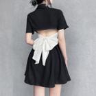 Short-sleeve Open-back Ribbon Mini A-line Dress