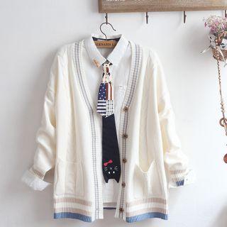 Contrast Trim Cardigan / Shirt / Set