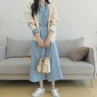 Plain Button Cardigan/ Long-sleeve Midi Shirt Dress