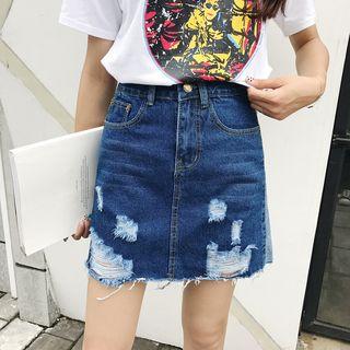 Ripped A-line Mini Denim Skirt