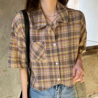 Plaid Elbow-sleeve Blouse Plaid - Khaki - One Size