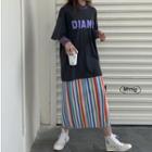 Elbow-sleeve Lettering T-shirt / Long-sleeve Mesh T-shirt / Striped Midi Straight-fit Skirt