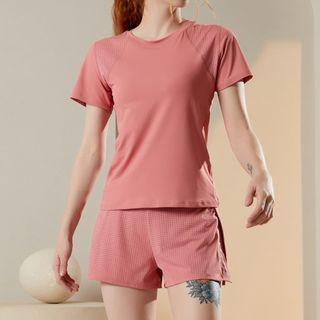 Set: Short-sleeve Mesh Panel Sports T-shirt + Sweatshorts