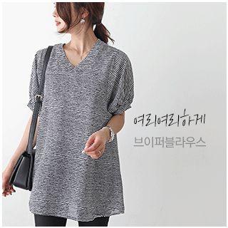 Dolman-sleeve Stripe Top With Cord
