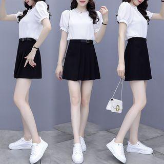 Set: Puff-sleeve Blouse + Pleated Skirt