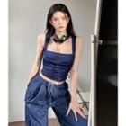 Sleeveless Plain Cropped Top / High-waist Loose-fit Cargo Pants
