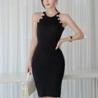 Sleeveless Halter Knit Mini Sheath Dress Black - One Size