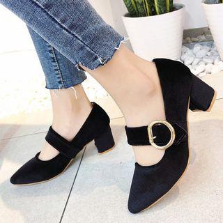 Block Heel Velvert Pointy Pumps