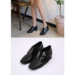 Square-toe Buckled Heeled Loafers