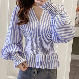 Striped Lantern-sleeve Peplum Chiffon Blouse