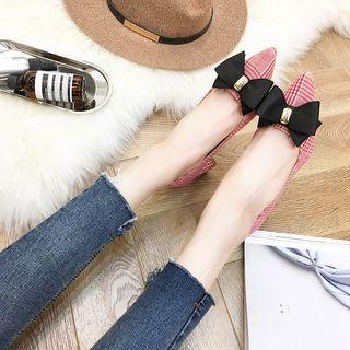 Plaid Bow Accent Chunky Heel Pumps
