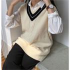 Contrast Trim Cable Knit Vest / Plain Shirt