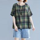 Elbow-sleeve Plaid Top Plaid - Green - One Size