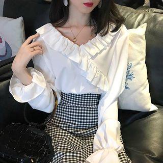 Frilled V-neck Bell-sleeve Loose-fit Blouse