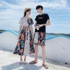 Couple Matching Short-sleeve Letter T-shirt / Short-sleeve Floral Paneled A-line Midi Dress / Shorts