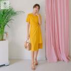Short-sleeve Linen Blend Long Surplice-wrap Dress