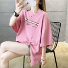 3/4-sleeve Letter Print Tie-up T-shirt