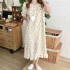 Puff-sleeve Floral Print Sleep Dress Floral - White - One Size