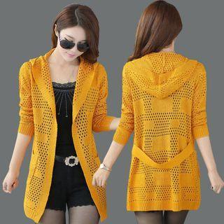 Tie-waist Hooded Eyelet Cardigan